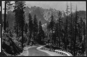 View of the Castle Crags mountain range from Pacific Highway (Hwy 99) in Shasta County, ca.1925