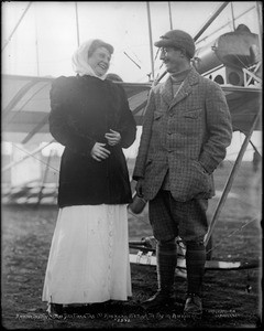 French aviator Louis Paulhan and the first American woman to fly in an airplane (as a passenger) Mrs. Dick Ferris at the Dominguez Air Meet, Los Angeles, 1910