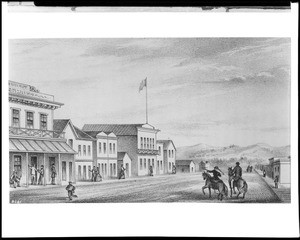 Drawing depicting a view of Santa Clara Street in 1851, copied from an illustration published by the Bancroft Company of San Francisco, ca.1871