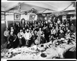 Sunset Club members in whiskers at a banquet "on the whiskers", ca.1900