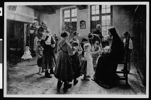 The painting "Suffer Little Children to Come unto Me" by Fritz von Uhde, depicting children coming to Jesus inside a house