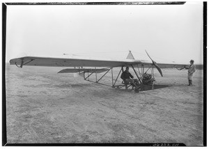 Crawford powered glider, showing Crawford at the controls, April 1, 1930