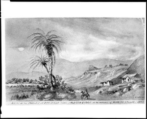 Drawing by Vischer depicting the ruins of the presidio of San Diego outside of old San Diego at the entrance to Mission Valley, 1874