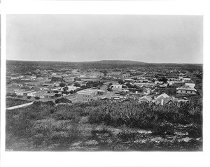 Panoramic view of Los Angeles looking south on Broadway from a First Street hill, ca.1875