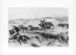 Drawing of Overland Mail Stage being attacked by Indians, 1869