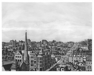 Drawing depicting a birdseye view of the Second Street hill as seen from the top of the Bryson Building, ca.1888