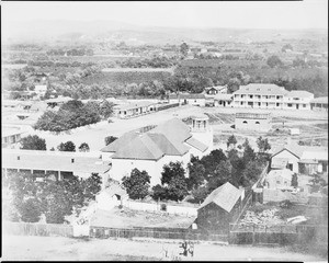 Aerial view of the Plaza in Los Angeles looking from Fort Moore Hill, ca.1873 (no later than 1875)