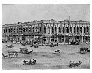 Lithograph depicting Downey Block on the corner of Spring Street and Temple Street, Los Angeles, 1875-1885