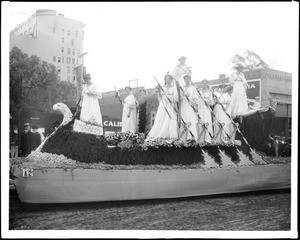 The float for Polytechnic High School parading down the street in the La Fiesta de Los Angeles parade, ca.1906