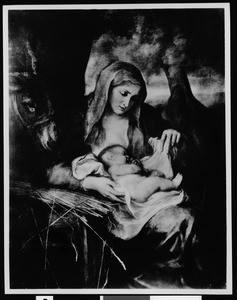 "Flight into Egypt" a painting by Anton Van Dyck, depicting a woman cradling a child