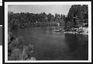 Small boat on Lake Arrowhead, ca.1950