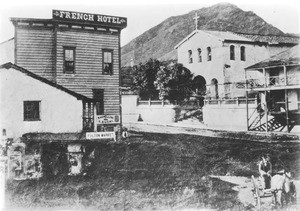 View of the French hotel and the church of Mission San Luis Obispo, ca.1873