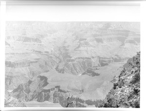 Looking up Bright Angel Canyon at the Colorado River in the Grand Canyon from Bright Angel Plateau west of the Bright Angel Hotel