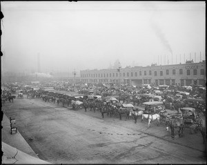 View of Central Market, showing many horses and wagons loaded with produce, Alameda Street and Sixth Street, Los Angeles, ca.1905