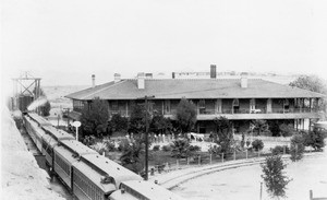 Exterior view of the Southern Pacific Railroad Station at the Yuma Hotel in Yuma, Arizona, ca.1900