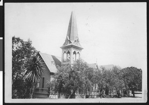 Exterior view of the Presbyterian Church in Los Gatos, California, ca.1900