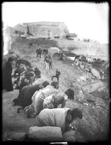 Hopi Snake Dance after giving the emetic in the village of Mishongnovi, ca.1900