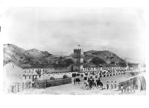 Painting of General Vallejo leading his company of soldiers through Fort Vallejo, Sonoma, ca.1870-1880