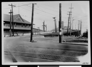 Viaduct near streetcar rails in Los Angeles