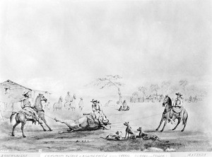 Painting by Edward Vischer depicting "The California Method" of killing cattle on the ranch, before 1875