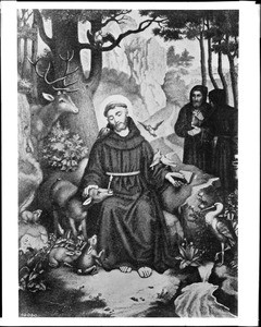 Drawing of Saint Francis of Assisi surrounded by woodland animals