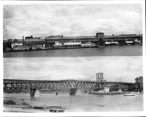 Two images showing the Sacramento waterfront and Southern Pacific Railroad bridge, ca.1900