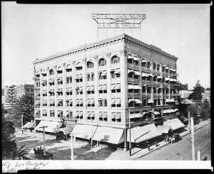 Exterior view of the Hotel Van Nuys on the corner of Fourth Street and Main Street