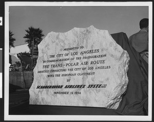 Commemoration plaque presented to the Los Angeles International Airport, in November 1954