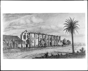 Drawing of Mission San Gabriel Archangel by Henry Chapman Ford, ca.1883