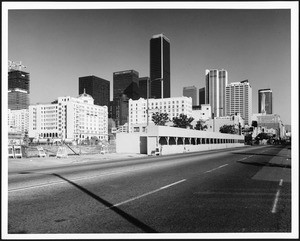 Panoramic view of Los Angeles, looking north along Olive at Olympic, December 1984