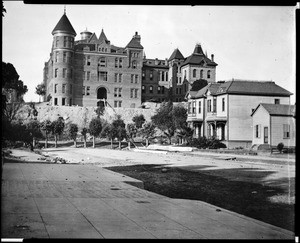 Exterior view of the California State Normal School, seen from a distance, ca.1898