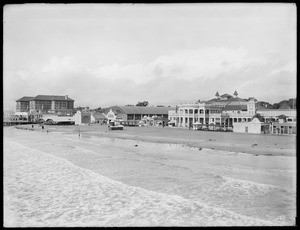 Virginia Hotel, bathhouse, and Majestic Rink as viewed from the pier looking northwest, Long Beach, ca.1910-1912