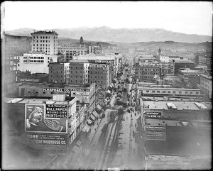 View of Main Street looking north from the Pacific Electric building, with snow-capped San Gabriel Mountains in view, Los Angeles, ca. January 1, 1907