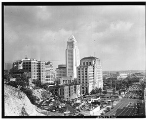 Los Angeles Civic Center looking north-east from Olive and First streets toward the west face of City Hall, showing Bunker Hill at left, ca.1940-1949