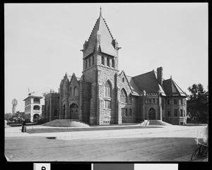 Exterior view of First Methodist Church, Pasadena, on Colorado Boulevard, moved to Holliston and Colorado, ca.1920