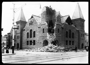 Exterior view of a church, showing earthquake damage, Oakland