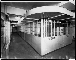 Interior view of a Los Angeles County jail block, located on the tenth floor of the Hall of Justice, 1940-1949