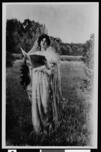 The painting "An Evening Song" by Max Ring, depicting a woman reading sheet music in a meadow