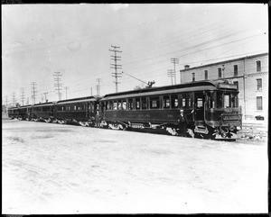 Line of Pacific Electric cars at the Seventh Street and Central Street stop in Los Angeles, ca.1907