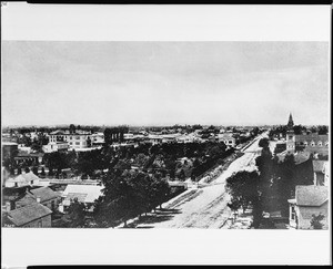 Panoramic view on Olive Street looking southeast from Fifth Street across Pershing Square, ca.1888