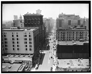 Birdseye view of Spring Street looking south from 4th Street, showing California Reserve Building in background, ca.1930-1939