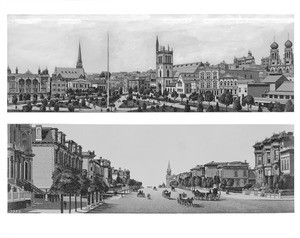 Two panoramic drawings depicting Union Square and Van Ness Avenue in San Francisco, 1885