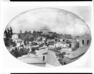 Los Angeles' first high school on Poundcake Hill, looking north from the Nadeau Hotel, ca.1884