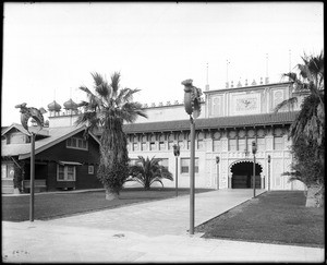 Exterior view of the First Shriners Auditorium at West Jefferson Boulevard and South Royal Street, Los Angeles, ca.1905-1915