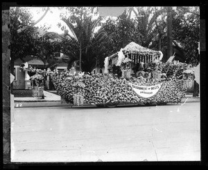 Self-propelled float covered in flowers in the Tournament of Roses Parade, Pasadena, ca.1906