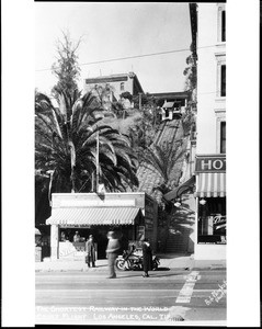 View of Court Flight, "The Shortest Railway in the World", showing a sandwich shop, ca.1930