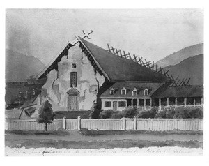 Painting depicting the church of the Mission San Jose de Guadalupe after the earthquake of 1868, ca.1900