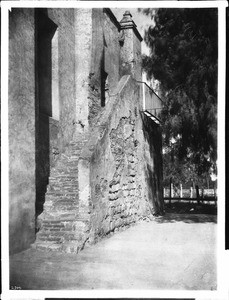 Exterior stairs to the choir loft at the church of Mission San Gabriel Arcangel, ca.1900