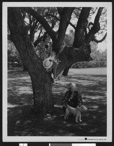 Woman seated in tree with hat in hand, while below a woman squats near a dog, ca.1930