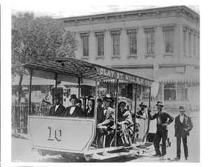 Clay Street Hill Railroad streetcar on the corner of Clay Street and Kearney Street with passengers, San Francisco, 1873